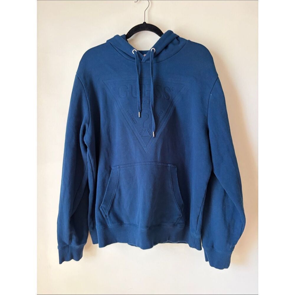 GUESS Men's Navy Blue Embossed Logo Crewneck Hoodie